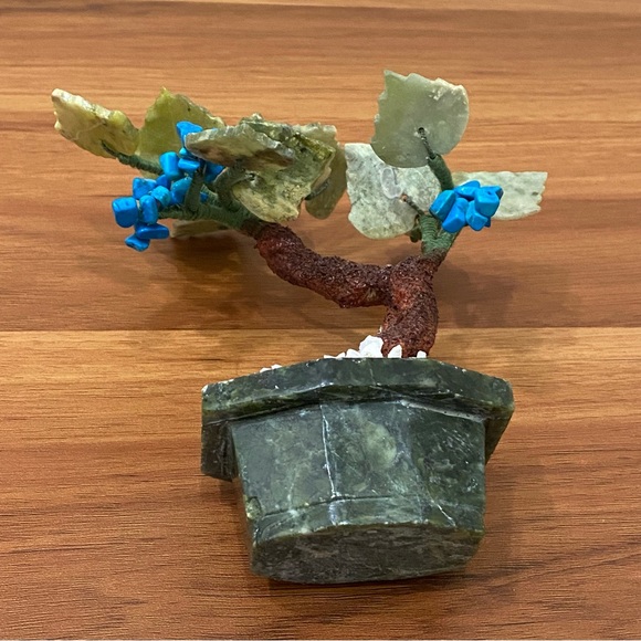Vintage Carved Semi-Precious Stone Faux Turquoise Buds Bonsai Miniature Tree - Picture 9 of 12